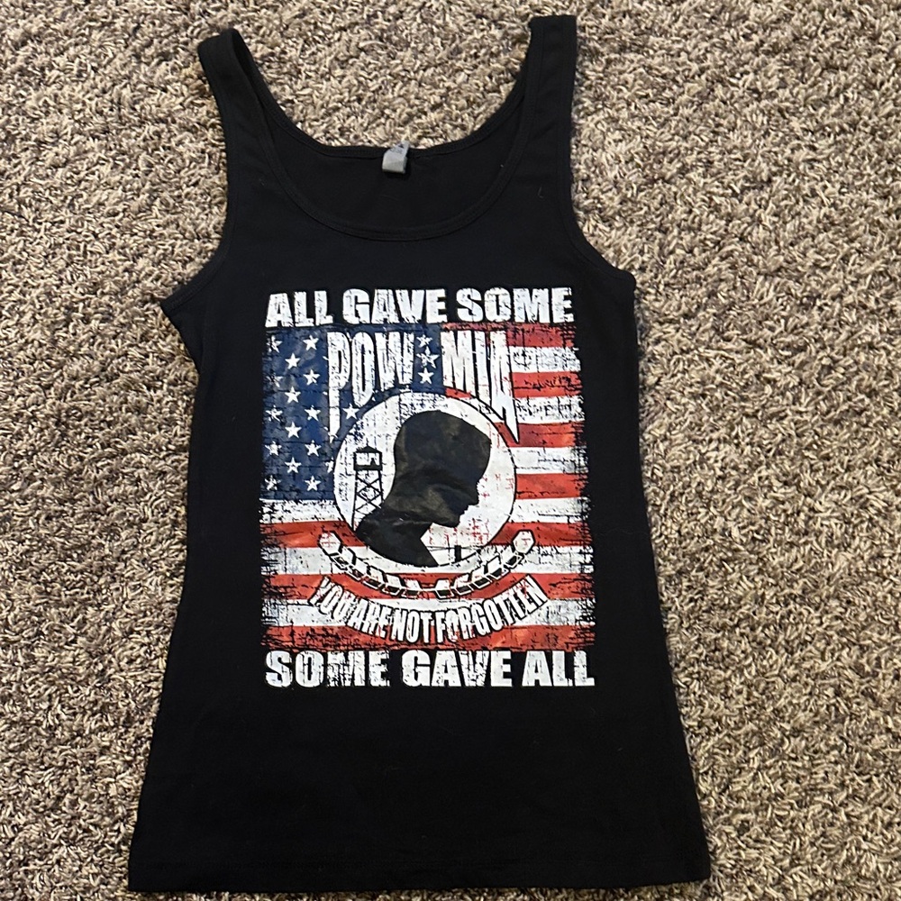 Next Level Apparel Black Tank Top with American Flag POW MIA Graphic